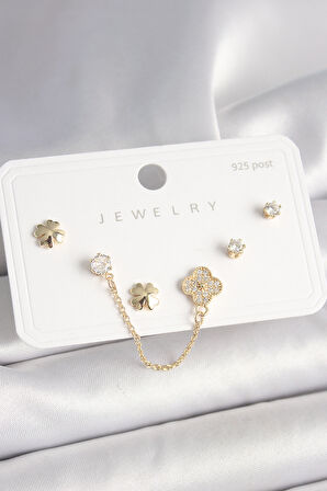 925 Ayar Gümüş Çivi Pirinç Gold Renk Zirkon Taşlı Yonca Model Sallantı Zincir Detay Kadın Küpe Seti - Lisinya