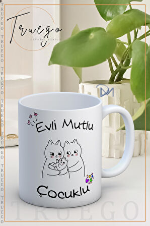 Baskılı Kupa Bardak Seramik Mug -Evli, Mutlu Çocuklu..