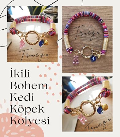 İkili Kedi Köpek Boyun Tasması Bohem Kedi Kolyesi Yaylı Kilit - Pembe