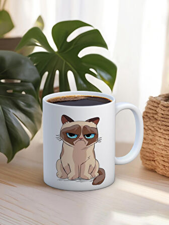 Baskılı Kupa Bardak Seramik Mug - Somurtgan Kedi