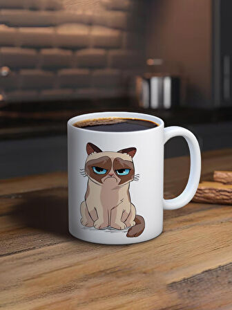 Baskılı Kupa Bardak Seramik Mug - Somurtgan Kedi