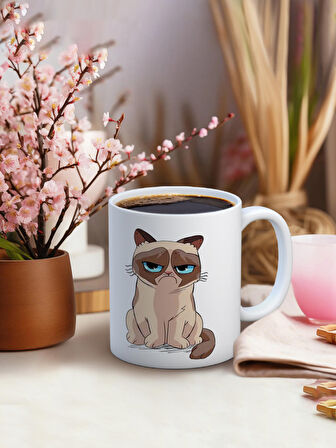 Baskılı Kupa Bardak Seramik Mug - Somurtgan Kedi