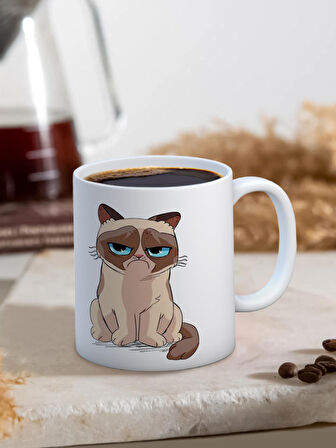 Baskılı Kupa Bardak Seramik Mug - Somurtgan Kedi