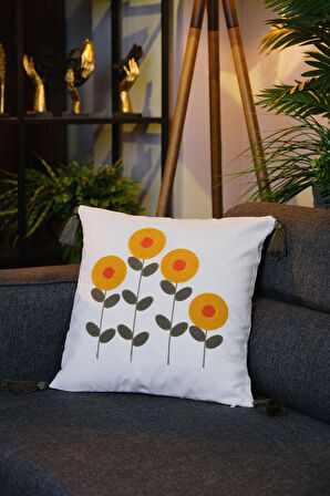 Püsküllü Punch Panç Nakışlı Kırlent Kılıfı Çiçek 43x43cm