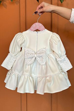 Dantel Detaylı Krep Kız Çocuk Bebek Abiye Kırık Beyaz Mevlüt Elbise
