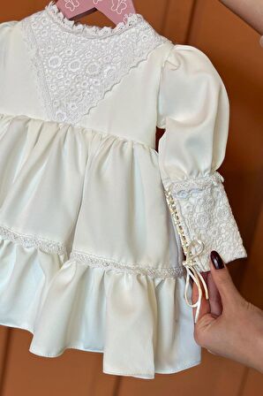 Dantel Detaylı Krep Kız Çocuk Bebek Abiye Kırık Beyaz Mevlüt Elbise
