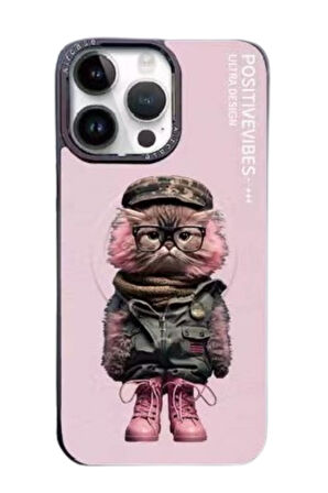 Mkorayavm iPhone 14 Pro Kamera Lens ve Tuşları Metal Tasarımlı Resimli Fun Magsafe Kapak
