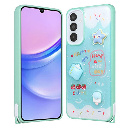 Mkorayavm Galaxy A14 Parlayan Sıvılı Simli Kabartma Figürlü Kılıf