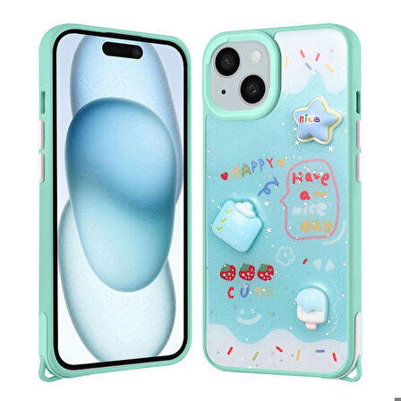 Mkorayavm Apple iPhone 15 Plus Parlayan Sıvılı Simli Kabartma Figürlü Kılıf