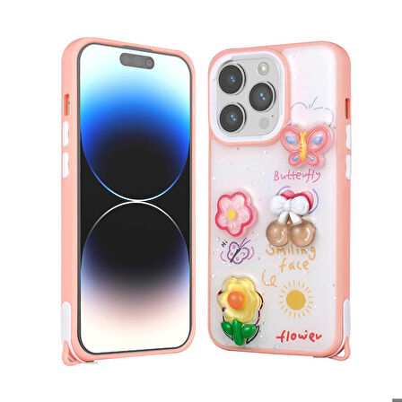 Mkorayavm Apple iPhone 14 Pro Max Parlayan Sıvılı Simli Kabartma Figürlü Kılıf