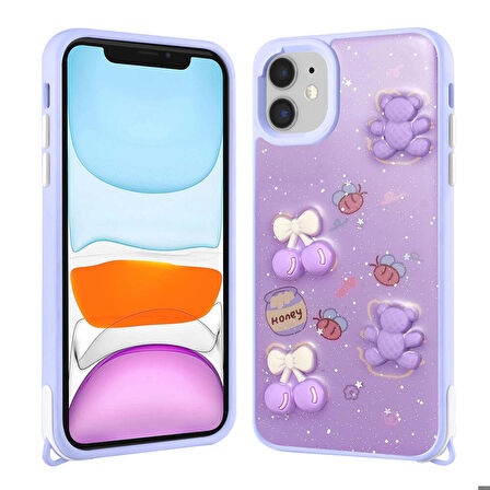 Mkorayavm Apple iPhone 11 Parlayan Sıvılı Simli Kabartma Figürlü Kılıf