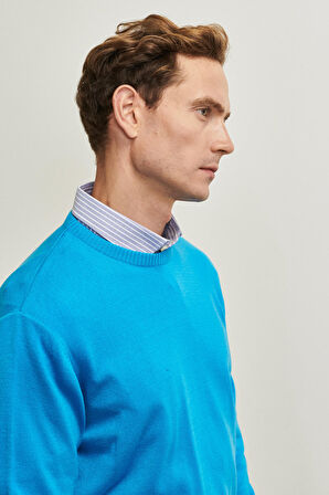 Erkek Turkuaz Standart Fit Normal Kesim Bisiklet Yaka Triko Kazak