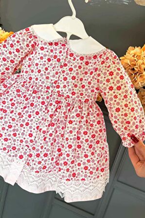 Bebe Yaka Dantel Detaylı Çiçekli Kız Çocuk Bebek Pamuklu Elbise ( 3 renk)