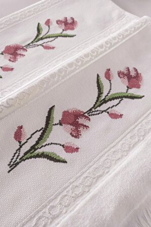 Sevim Kanaviçe Nakışlı Güllü Kadife El Yüz Havlusu Seti-2'li - 50x90 Cm- Beyaz