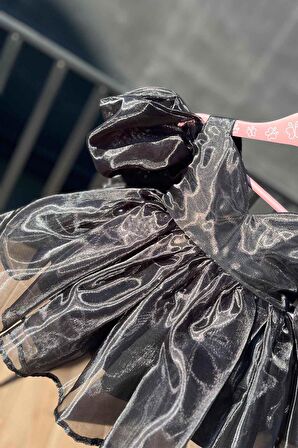 Kalp Yaka Parlak Kız Çocuk Bebek Abiye Siyah Organze Elbise