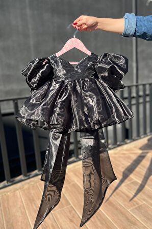 Kalp Yaka Parlak Kız Çocuk Bebek Abiye Siyah Organze Elbise