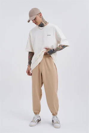 Oversize Basic Bel Paça Lastikli 3 Cepli Jogger Eşofman Altı Bej