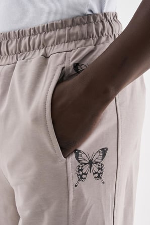 Oversize Butterfly Baskılı Beli Lastikli Organik Pamuklu Eşofman Altı Açık Gri