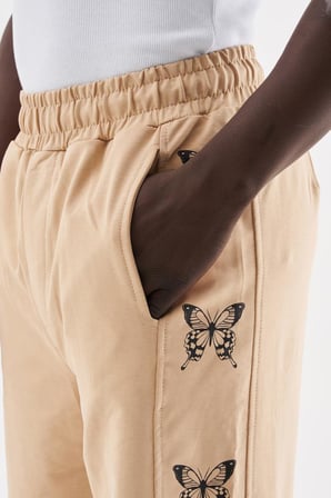 Oversize Butterfly Baskılı Beli Lastikli Organik Pamuklu Eşofman Altı Bej