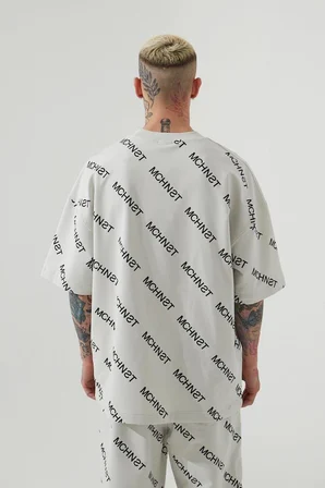 Erkek Mchnst Angels Baskılı Oversize Tişört Uzay Grisi
