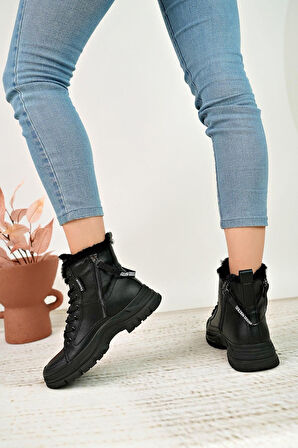 24k310 24 Siyah Içi Kürklü Fermuarlı Fashion Kadın Bot