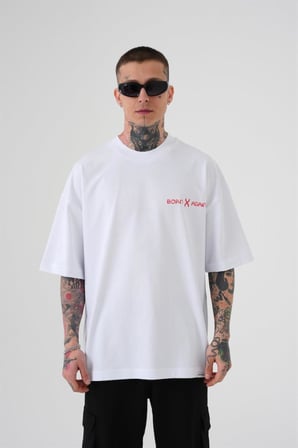 Erkek Oversize MCHNST Love Baskılı Oversize Tişört Beyaz