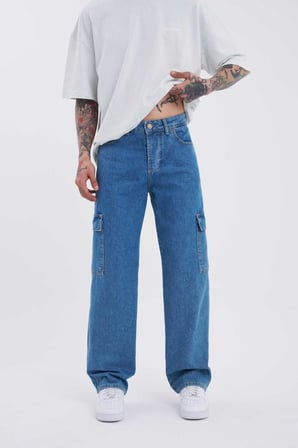 Erkek Yıkamalı Kargo Cepli Baggy Fit Jean Pantolon Koyu Mavi