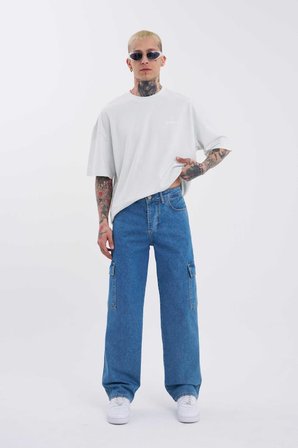 Erkek Yıkamalı Kargo Cepli Baggy Fit Jean Pantolon Koyu Mavi