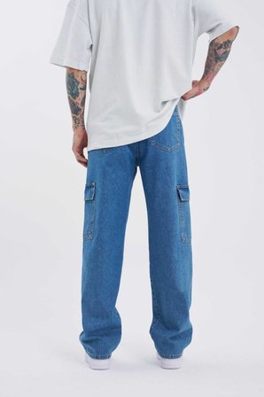 Erkek Yıkamalı Kargo Cepli Baggy Fit Jean Pantolon Koyu Mavi