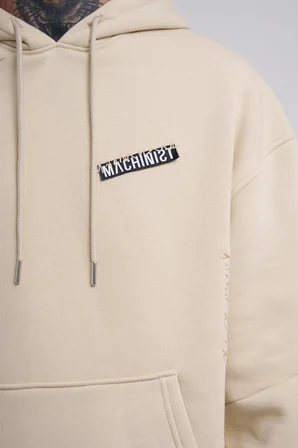 Erkek Nakışlı Kanguru Cepli Oversize Sweatshirt Açık Bej