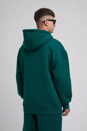 Erkek Nakışlı Kanguru Cepli Oversize Sweatshirt Petrol Yeşili