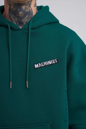 Erkek Nakışlı Kanguru Cepli Oversize Sweatshirt Petrol Yeşili