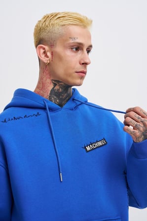 Erkek Nakışlı Kanguru Cepli Oversize Sweatshirt Saks Mavi