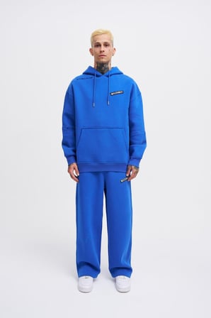Erkek Nakışlı Kanguru Cepli Oversize Sweatshirt Saks Mavi