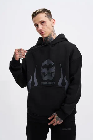 Erkek Oversize Fire Baskılı Sweatshirt Siyah