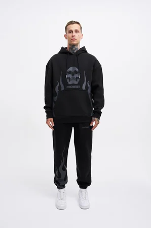 Erkek Oversize Fire Baskılı Sweatshirt Siyah