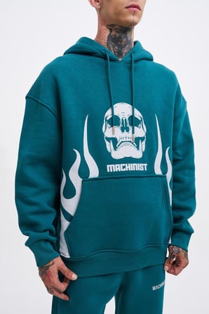 Erkek Oversize Fire Baskılı Sweatshirt Petrol Yeşili