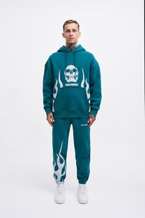 Erkek Oversize Fire Baskılı Sweatshirt Petrol Yeşili
