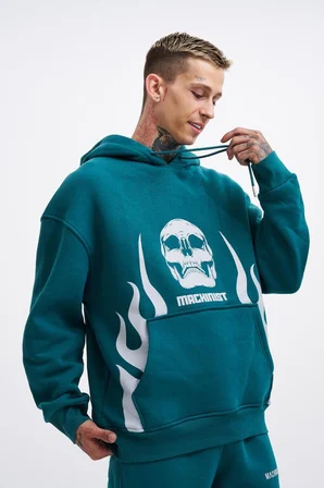 Erkek Oversize Fire Baskılı Sweatshirt Petrol Yeşili