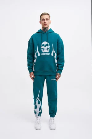Erkek Oversize Fire Baskılı Sweatshirt Petrol Yeşili