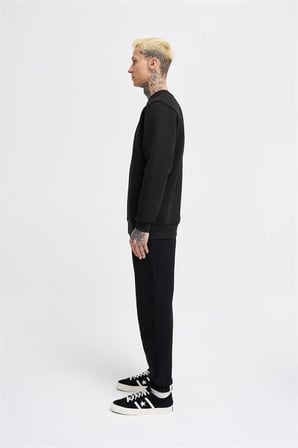 Erkek Regular Bisiklet Yaka Basic Sweatshirt Siyah