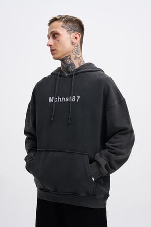 Erkek Yıkamalı Nakışlı Kapüşonlu Oversize Sweatshirt Siyah