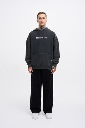 Erkek Yıkamalı Nakışlı Kapüşonlu Oversize Sweatshirt Siyah