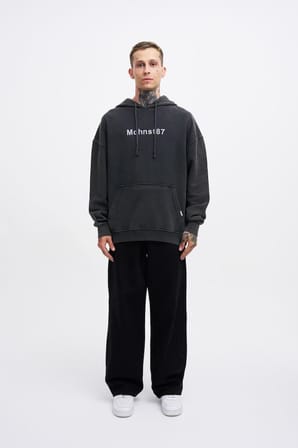 Erkek Yıkamalı Nakışlı Kapüşonlu Oversize Sweatshirt Siyah