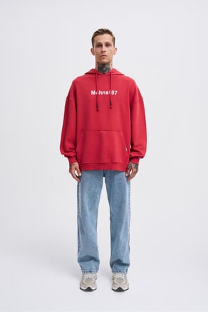 Erkek Yıkamalı Nakışlı Kapüşonlu Oversize Sweatshirt Açık Kırmızı