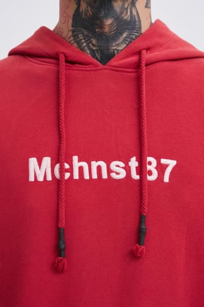 Erkek Yıkamalı Nakışlı Kapüşonlu Oversize Sweatshirt Açık Kırmızı