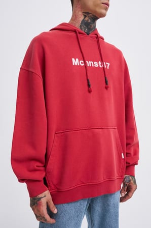 Erkek Yıkamalı Nakışlı Kapüşonlu Oversize Sweatshirt Açık Kırmızı