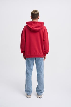 Erkek Yıkamalı Nakışlı Kapüşonlu Oversize Sweatshirt Açık Kırmızı