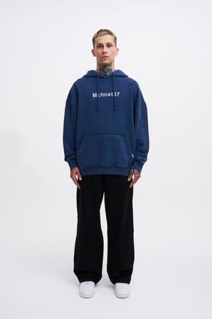 Erkek Yıkamalı Nakışlı Kapüşonlu Oversize Sweatshirt Gece Mavisi