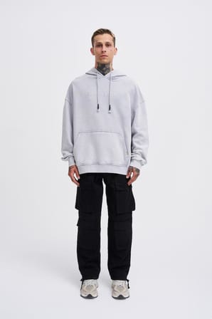 Erkek Yıkamalı Nakışlı Kapüşonlu Oversize Sweatshirt Gri